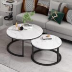 Niki Nesting Round Marble Coffee Table - Set of 2 Small and Large Round Tables - White Marble with Black Leg Frame