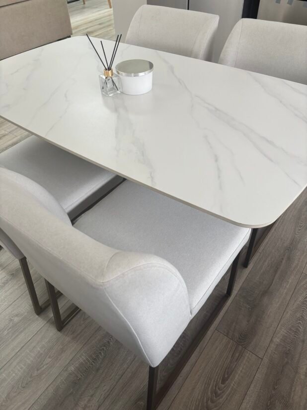 Serene Geometric White Marble Dining Table – Black Legs 75x140x80 - Image 2
